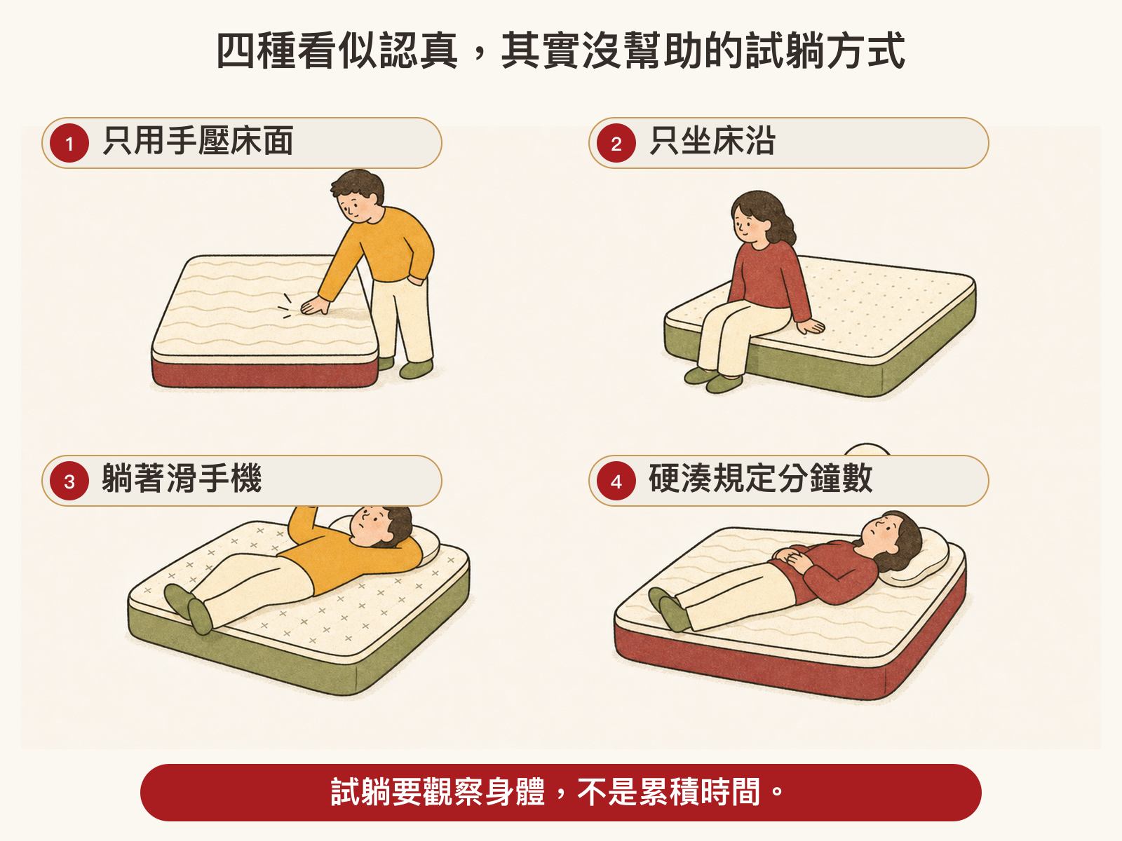 四種無效床墊試躺方式 手壓床面只坐床沿滑手機與硬湊時間
