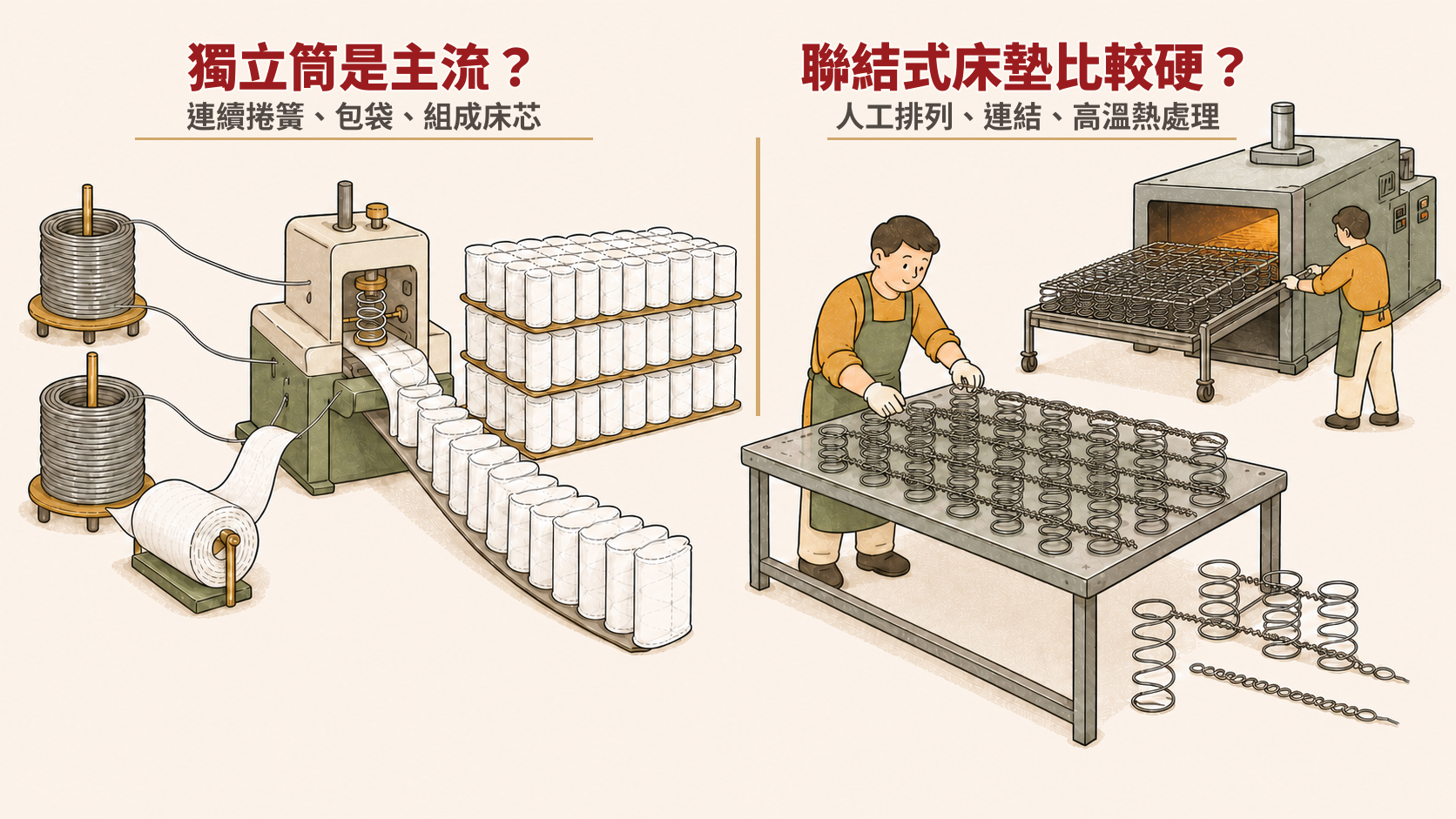 獨立筒自動化製作與聯結式人工製作比較 主流不等於支撐與耐久一定更好